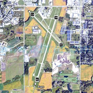Aerial image of the airport with runways marked.