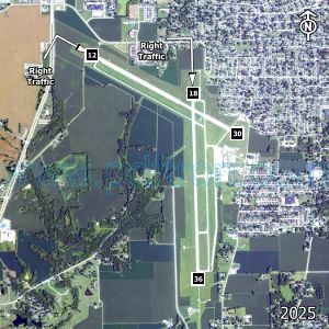 Aerial image of the airport with runways marked.