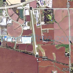 Aerial image of the airport with runways marked.