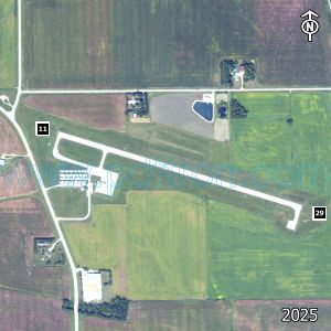 Aerial image of the airport with runways marked.