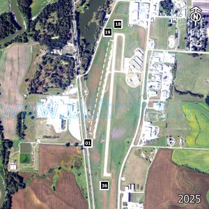 Aerial image of the airport with runways marked.