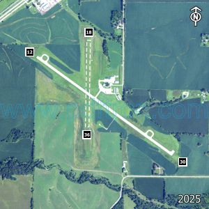 Aerial image of the airport with runways marked.