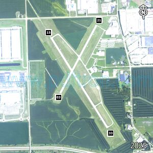 Aerial image of the airport with runways marked.