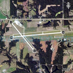 Aerial image of the airport with runways marked.