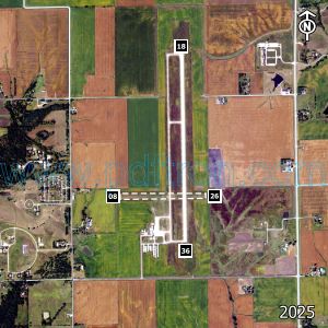 Aerial image of the airport with runways marked.