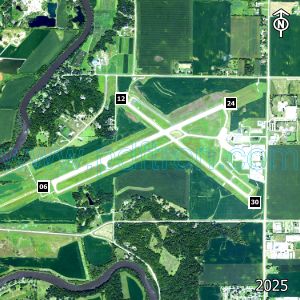 Aerial image of the airport with runways marked.
