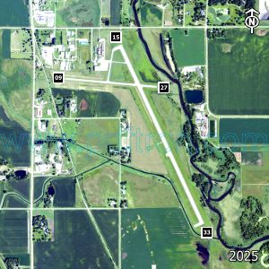 Aerial image of the airport with runways marked.