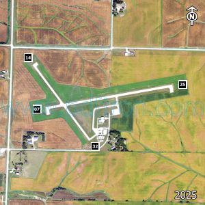 Aerial image of the airport with runways marked.