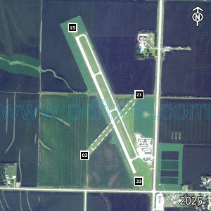 Aerial image of the airport with runways marked.