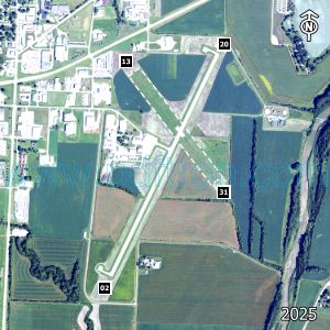 Aerial image of the airport with runways marked.