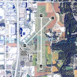 Aerial image of the airport with runways marked.