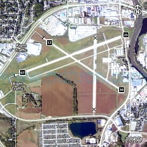 Aerial image of the airport with runways marked.