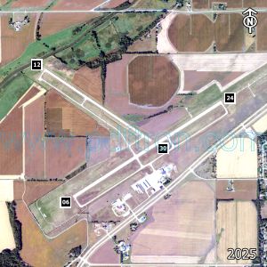 Aerial image of the airport with runways marked.