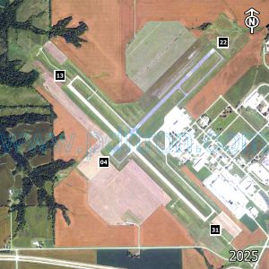 Aerial image of the airport with runways marked.