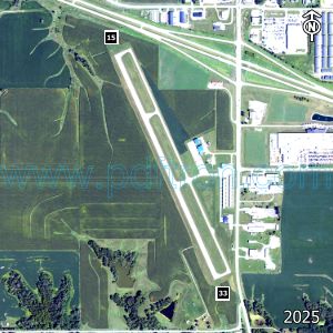 Aerial image of the airport with runways marked.