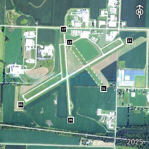 Aerial image of the airport with runways marked.