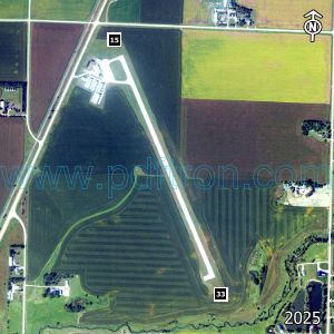 Aerial image of the airport with runways marked.