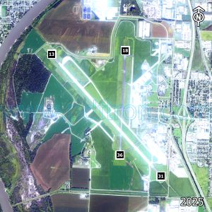 Aerial image of the airport with runways marked.