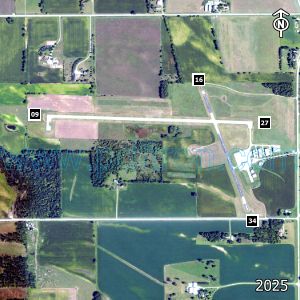 Aerial image of the airport with runways marked.