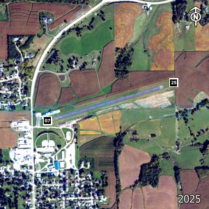 Aerial image of the airport with runways marked.